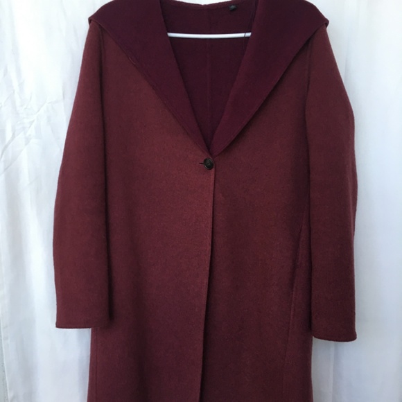 Uniqlo double faced wool blend coat with hood - maroon - oversized XS - Picture 2 of 15